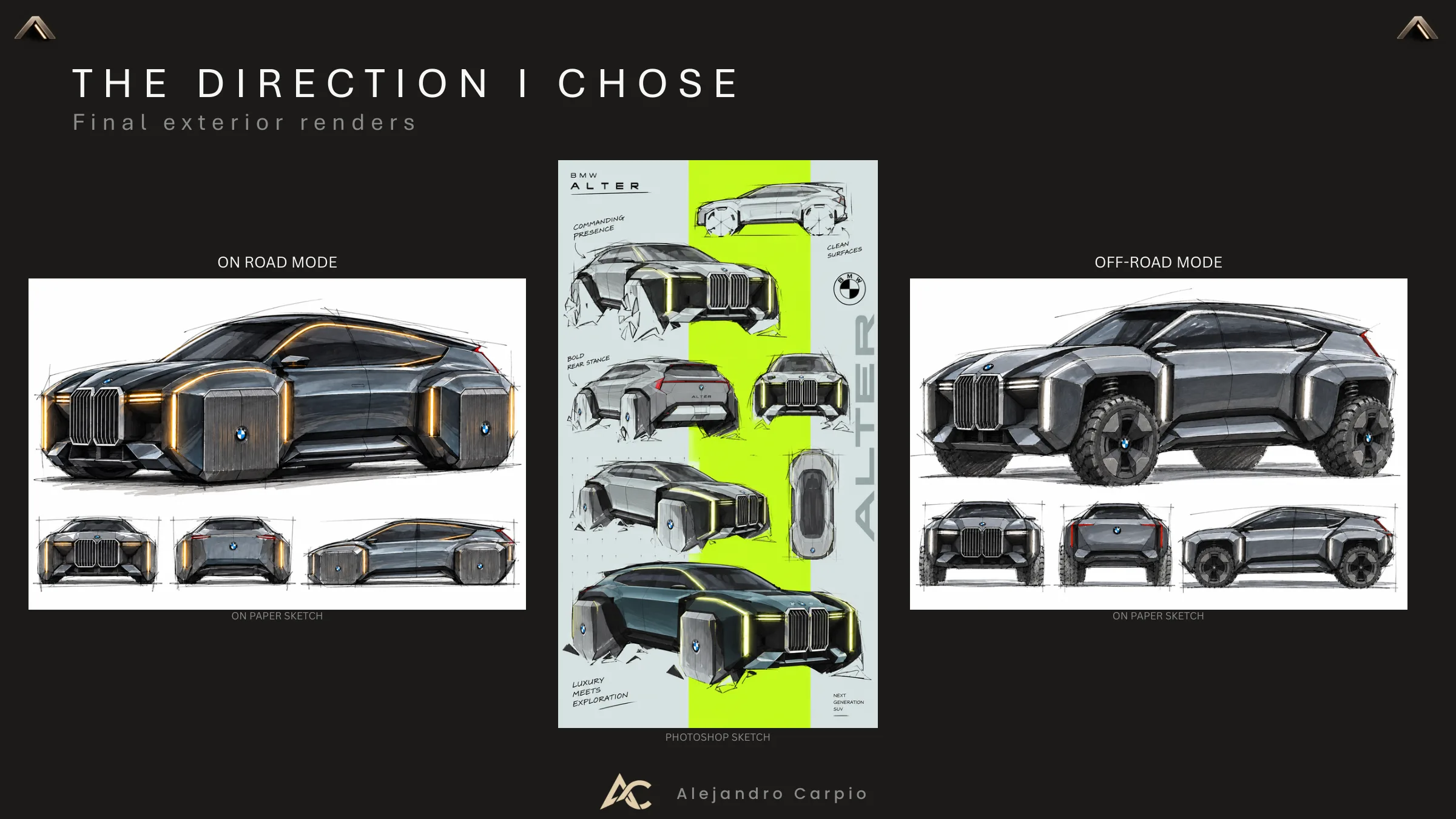 Final exterior sheet with on-road and off-road mode renders and a sketch column