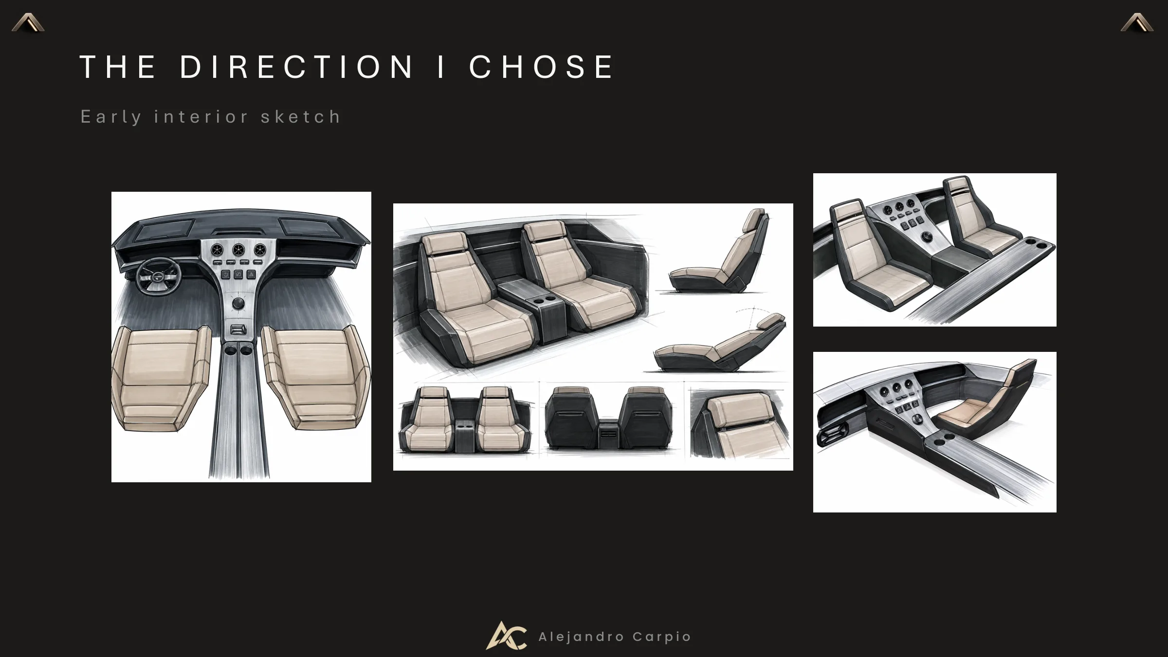 Interior sketches: cabin layout, seats and console details