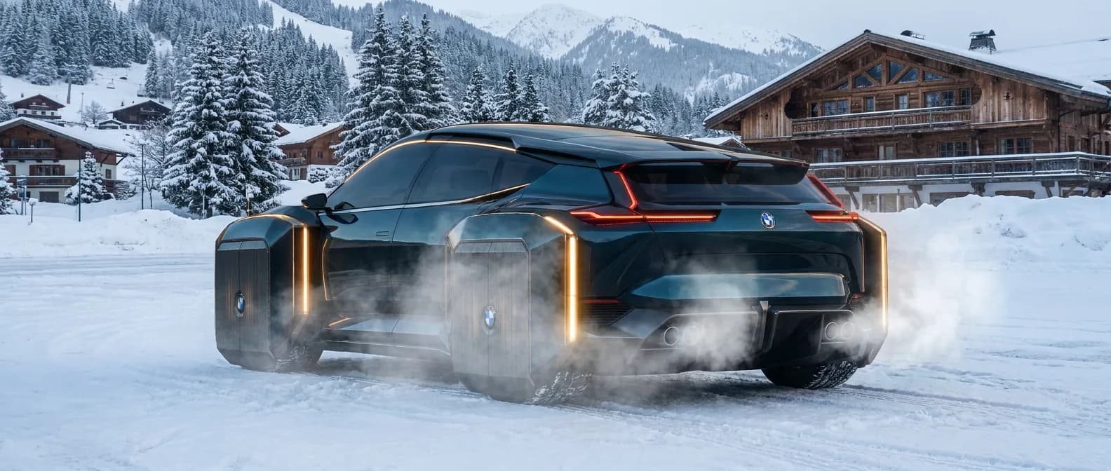 Snow and alpine chalet, rear three-quarter