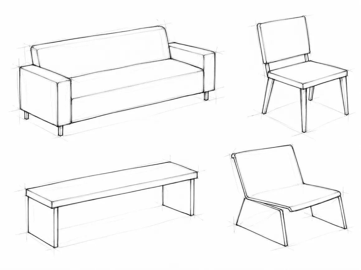 Thumbnail sketches of a sofa, chair and bench