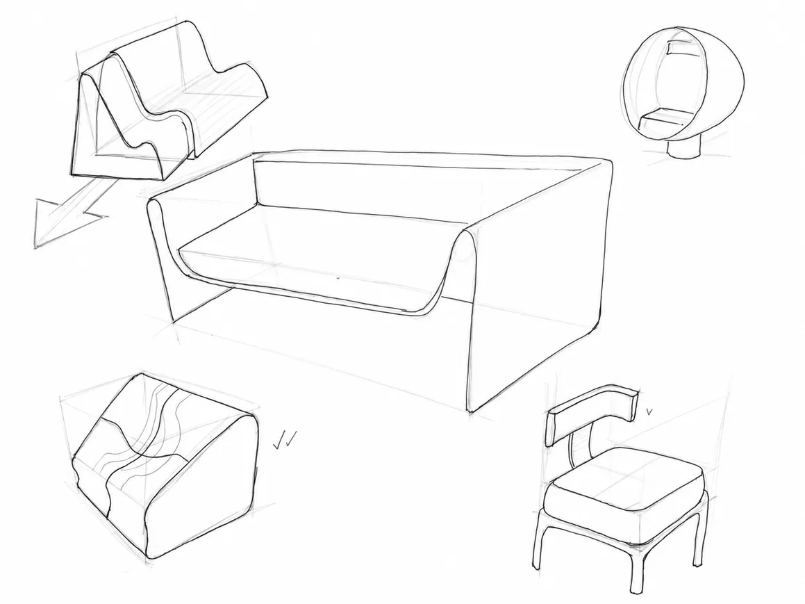 Thumbnail sketches of a sofa and lounge chairs