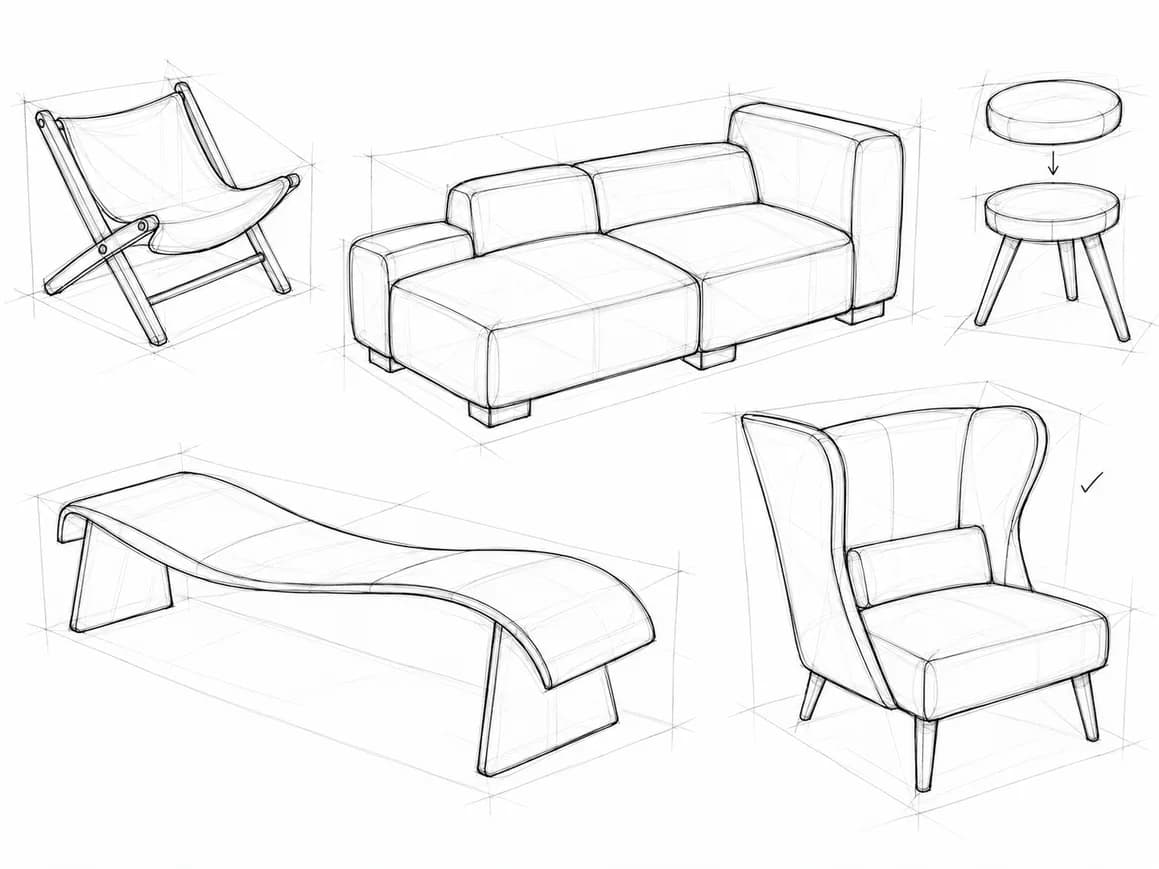 Thumbnail sketches of a folding chair, sectional sofa and wing chair