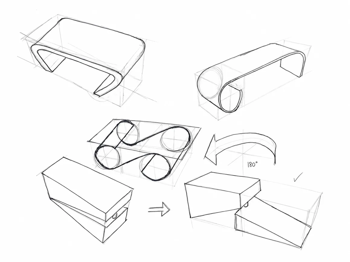 Thumbnail sketches of folded and rolled bench forms