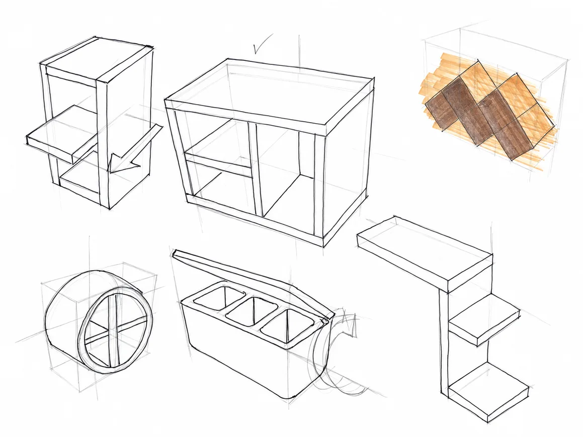Thumbnail sketches of storage furniture and modular cubes