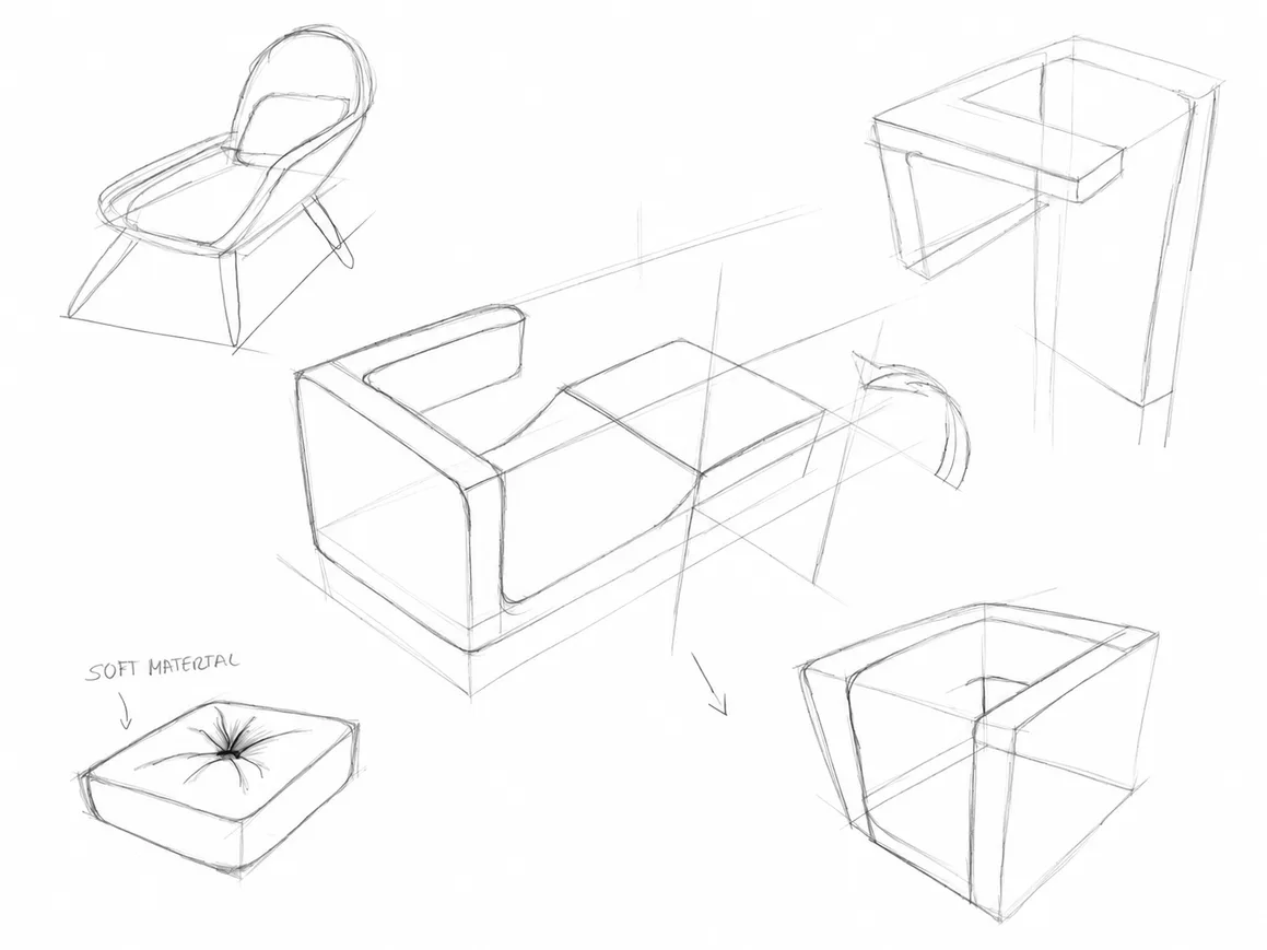 Light pencil sketches of seat and sofa volumes