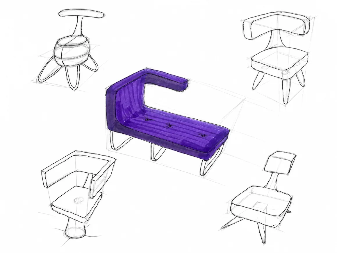 Sketches of chairs and a purple marker lounge seat