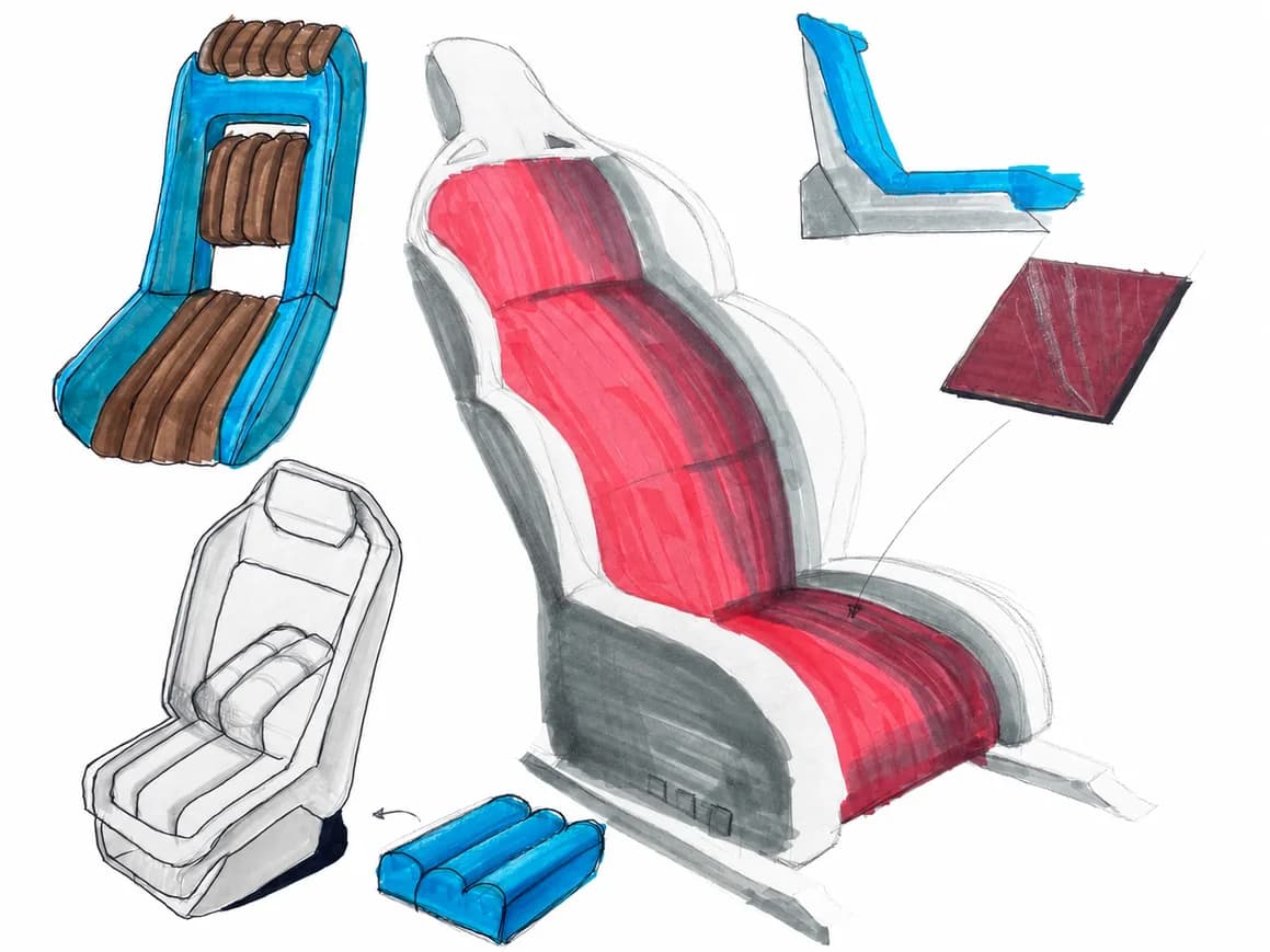 Marker sketches of a red and grey bucket seat with wood and blue parts