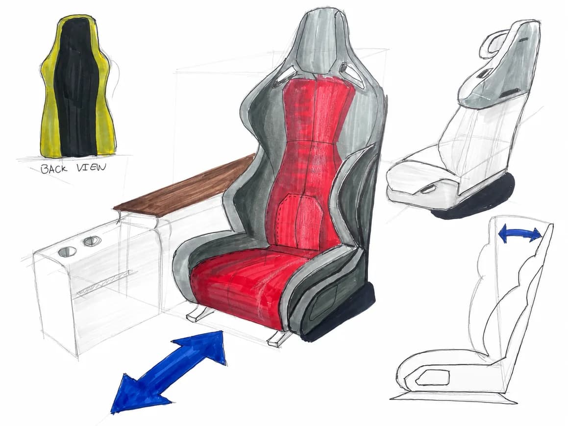 Refined marker sketches of a red sport seat with armrest and adjustment arrows