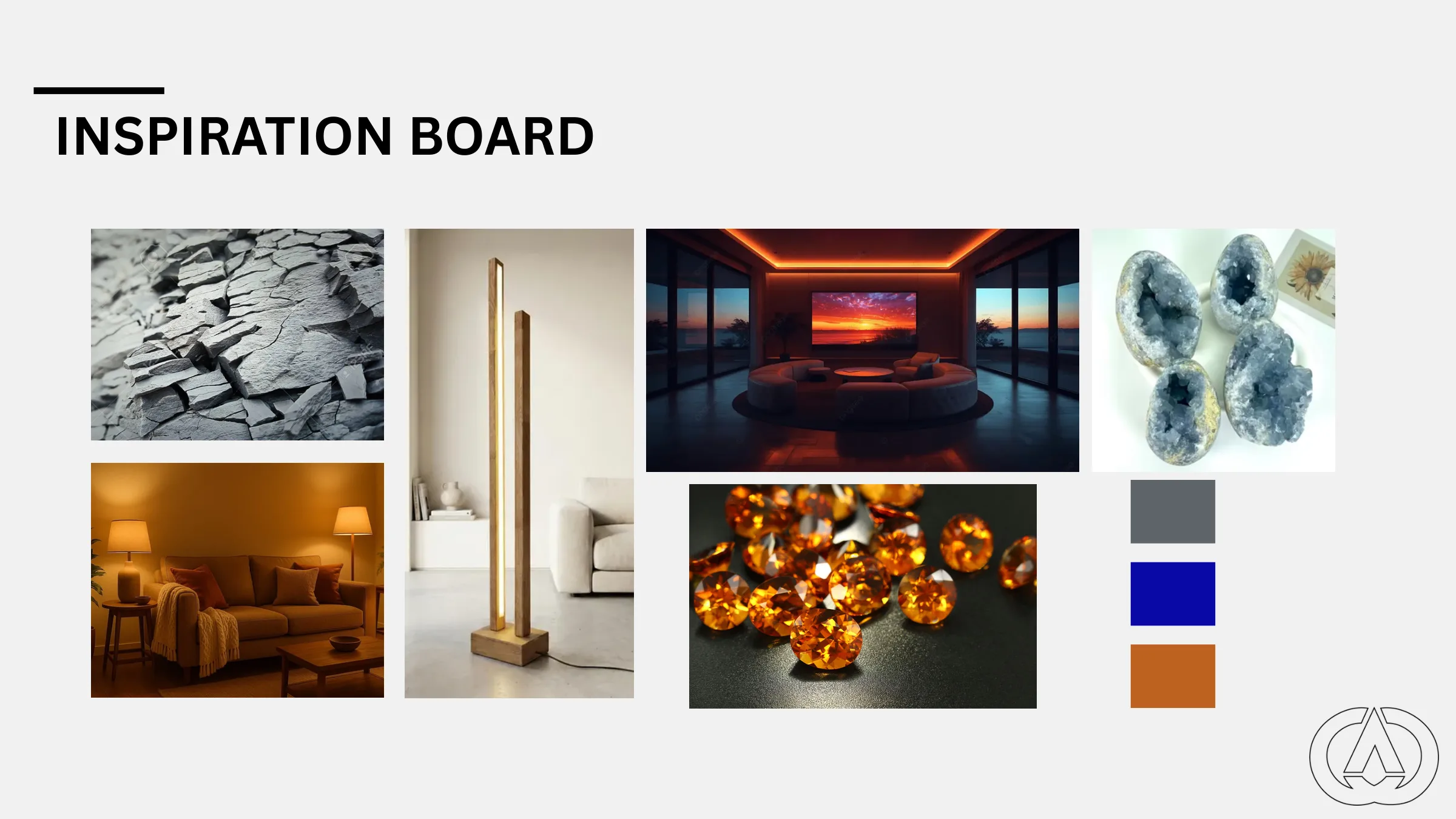 Inspiration board: fractured rock, amber light, citrine crystals and warm interiors