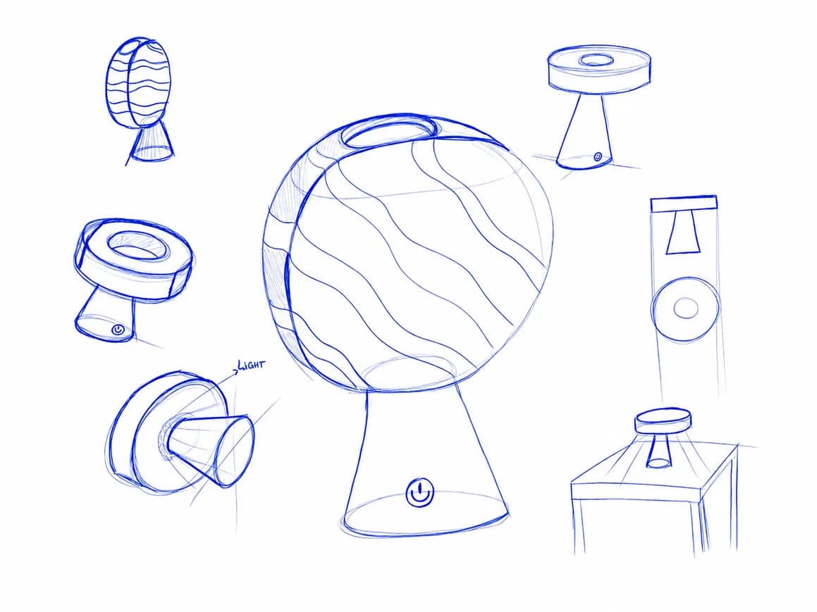 Preliminary sketches of a large wavy disc lamp and table lamps
