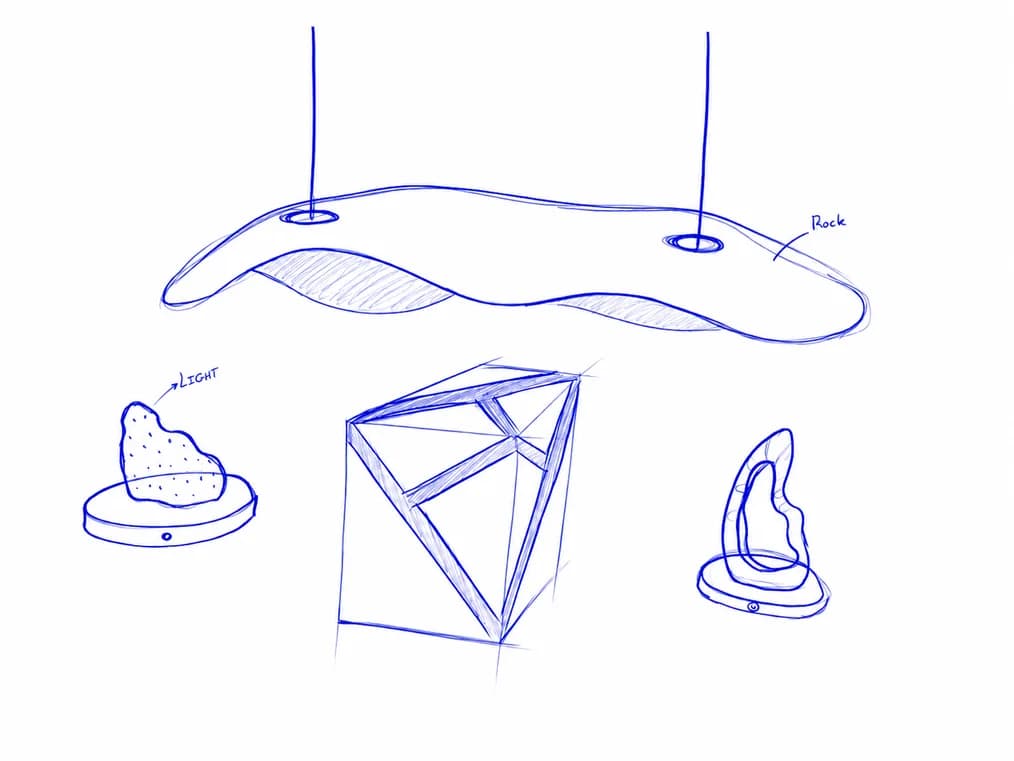 Preliminary sketches of a suspended organic form and faceted lamp
