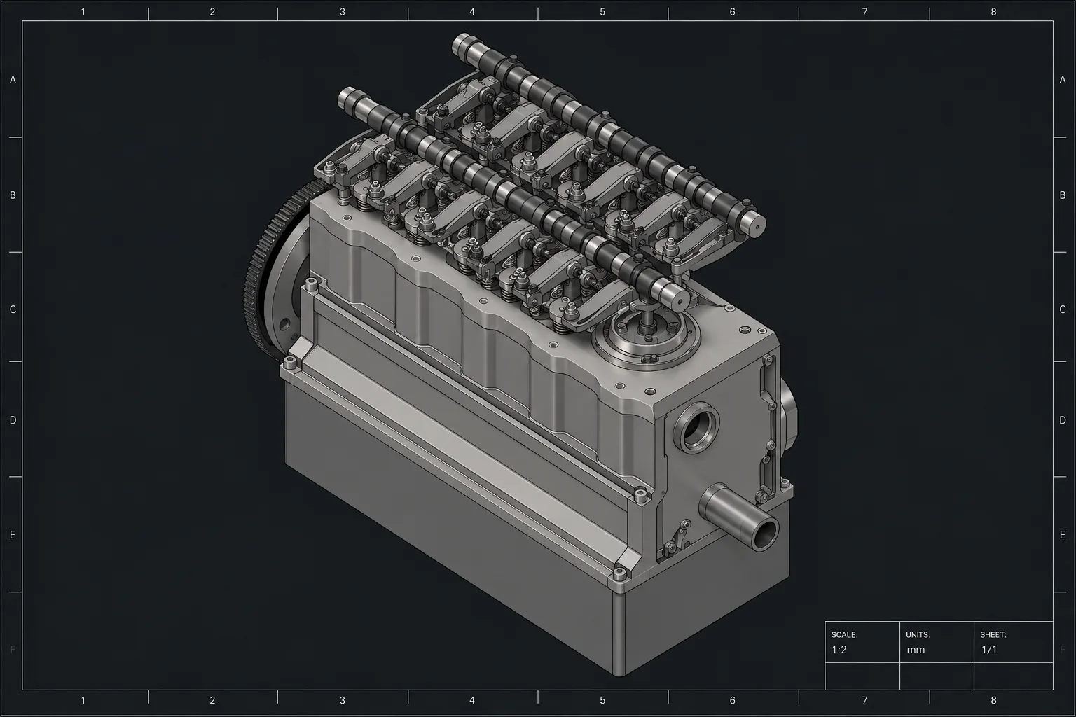 Shaded isometric CAD sheet of the engine assembly on a dark drawing frame