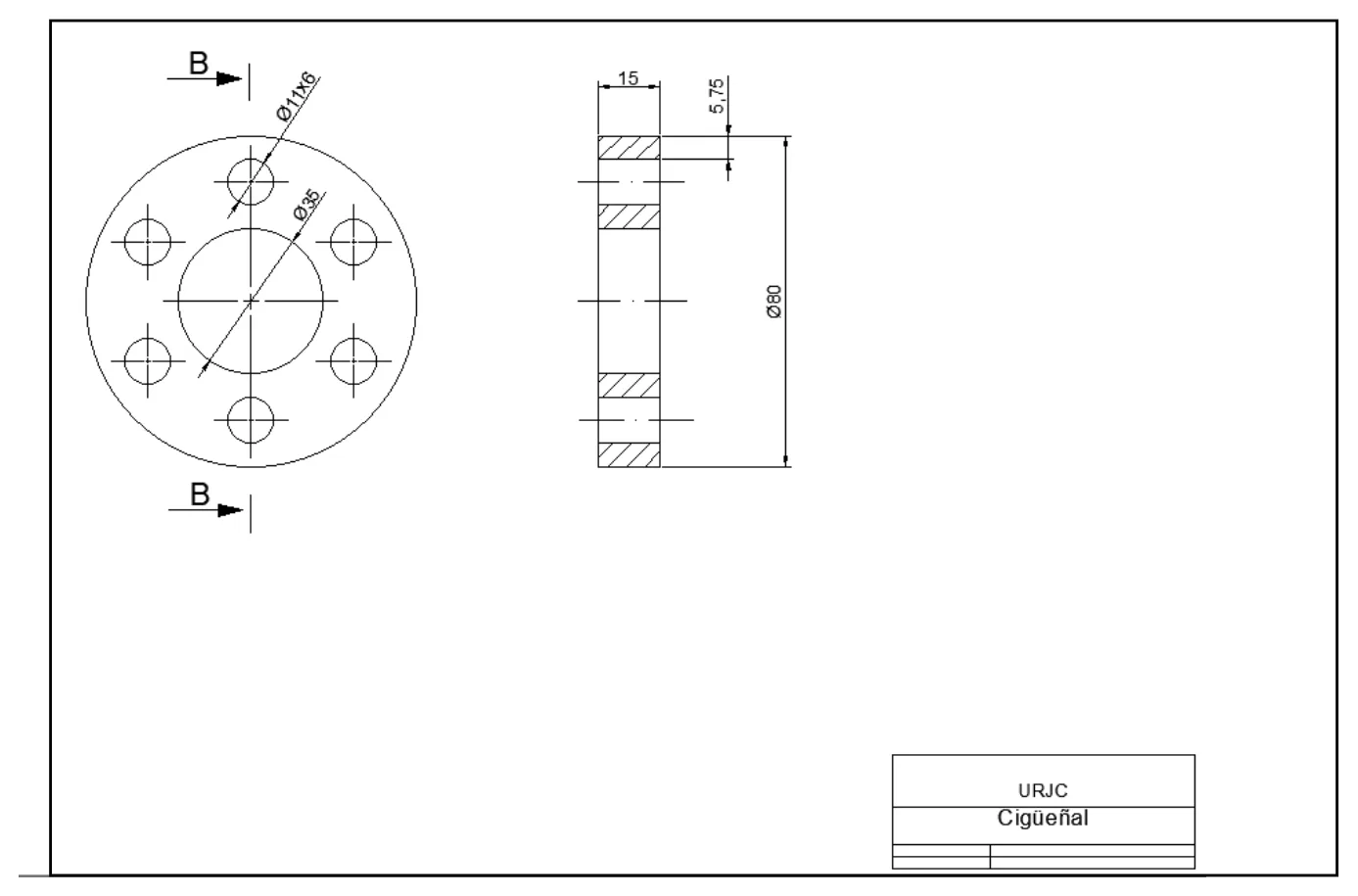 Four-stroke engine, Crankshaft flange — plan and section B-B