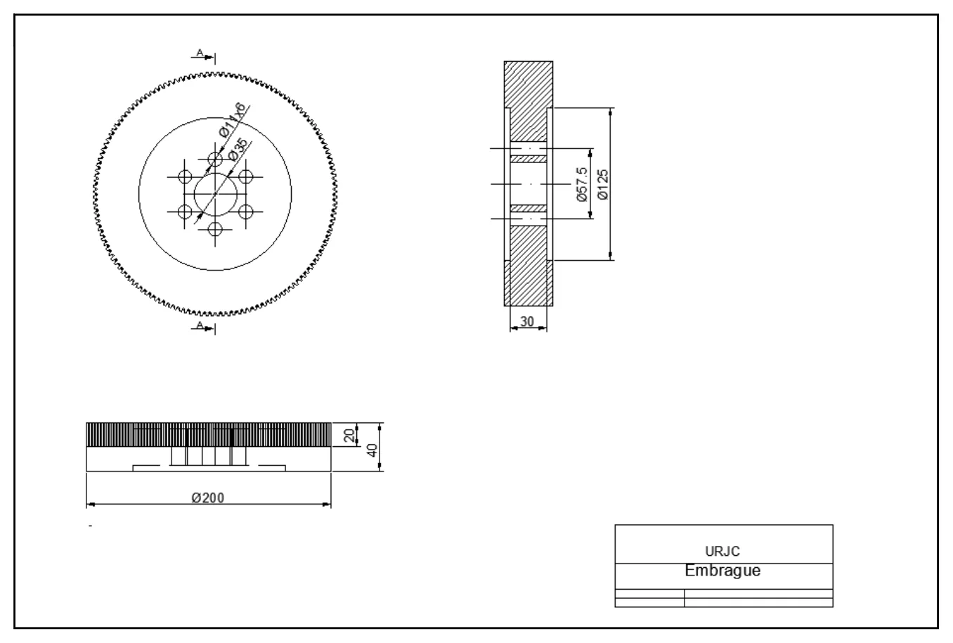 Four-stroke engine, Clutch — toothed disc, plan and section