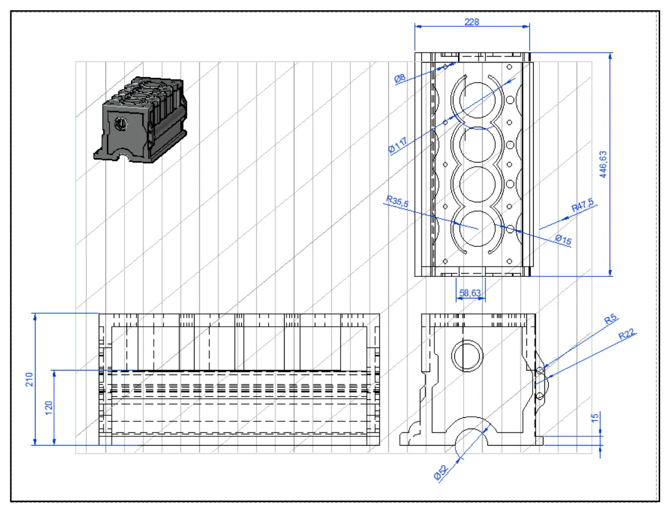 Four-stroke engine, Engine block — plan and elevations