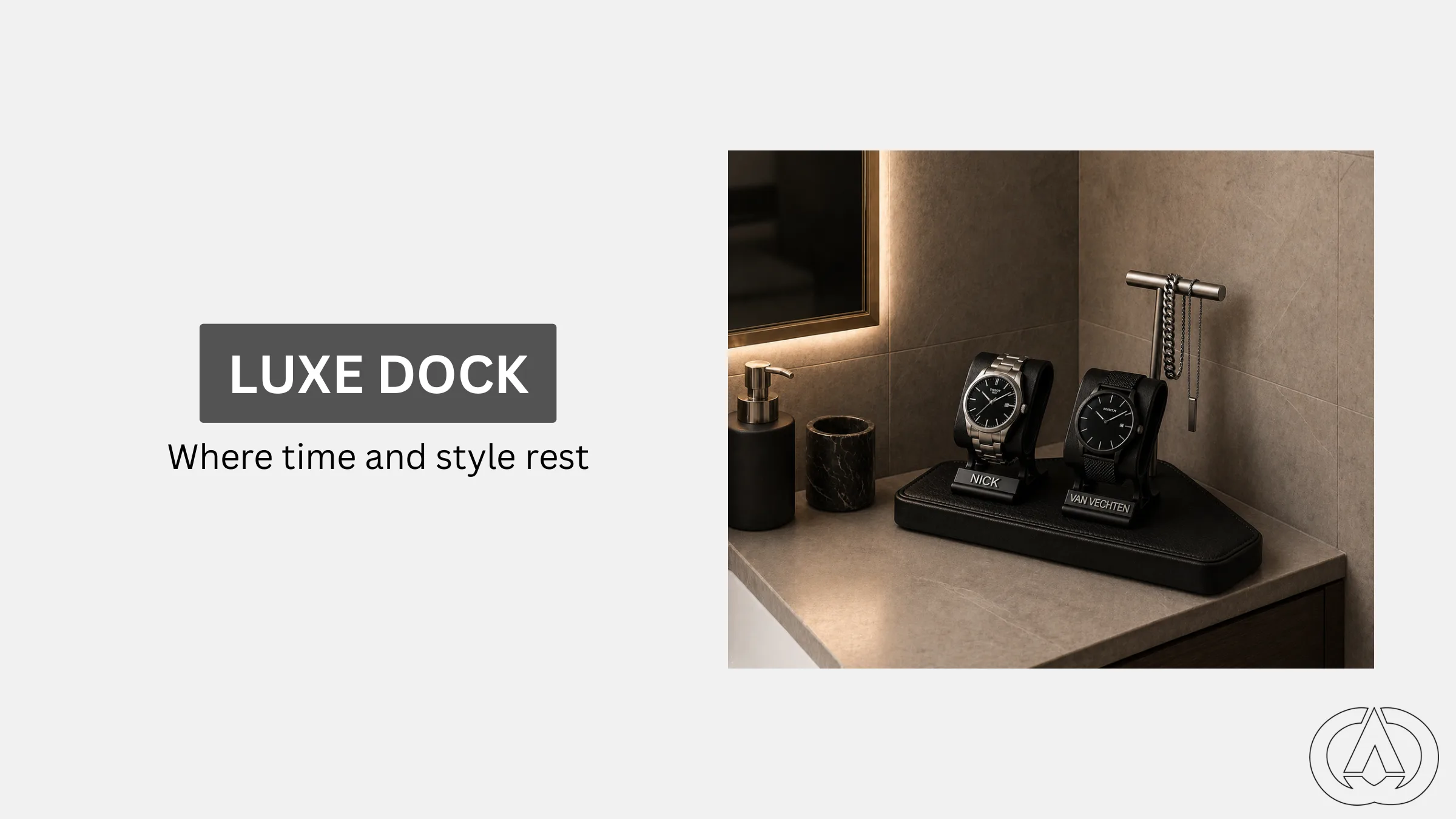 Luxe Dock brand mark beside a photo of the dock holding two watches