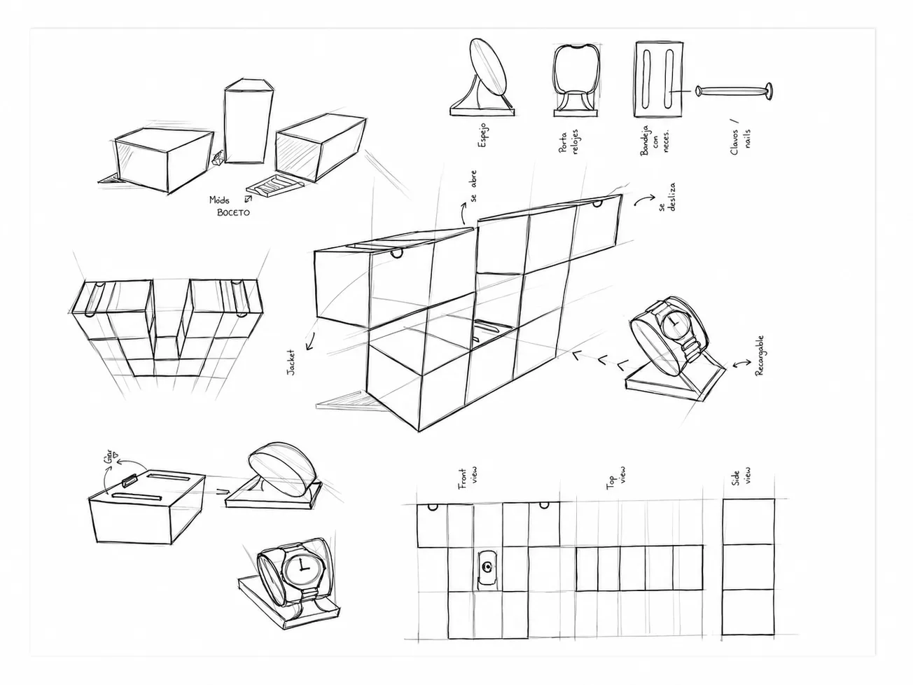 Preliminary sketches of dock and organizer layouts