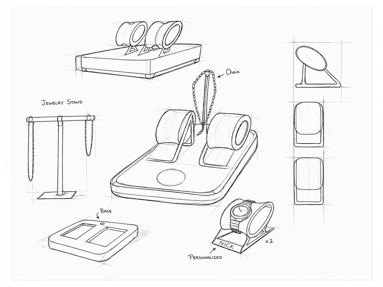 Preliminary sketches of a watch dock with T-bar