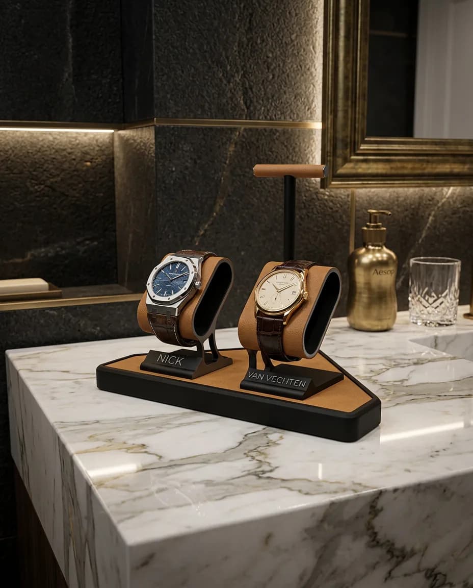Luxe Dock. Two watch holders and a jewelry bar, sized for a corner.