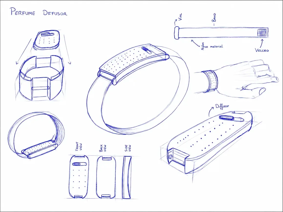 Preliminary sketches of bracelet variants and cartridge details