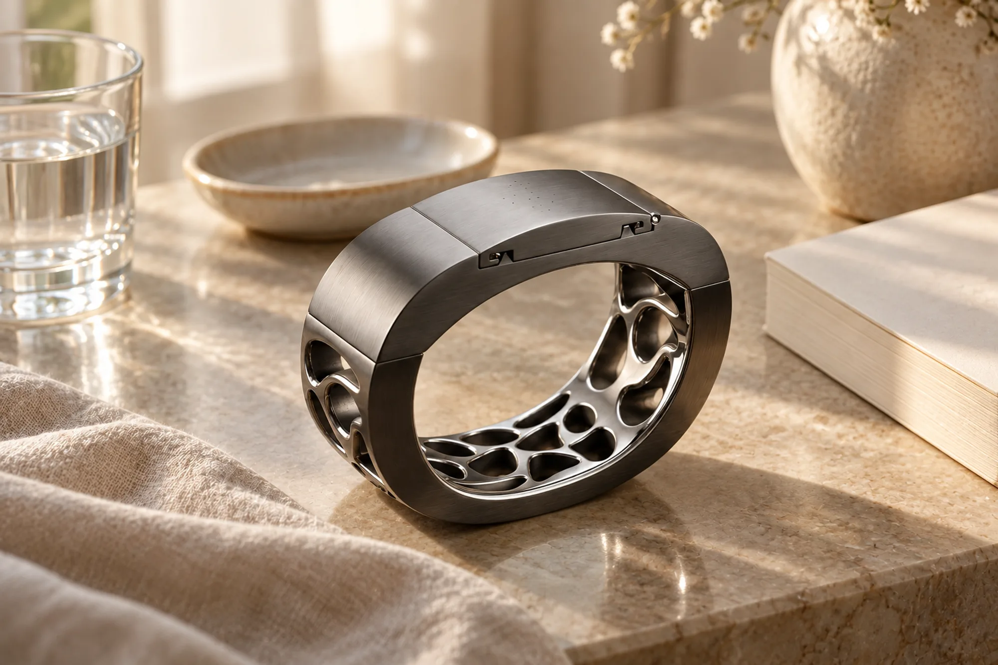 AI-assisted render based on the original design — SILLAGE bangle resting on a bedside vanity in soft window light beside a glass of water, ceramic dish, linen cloth and a book.